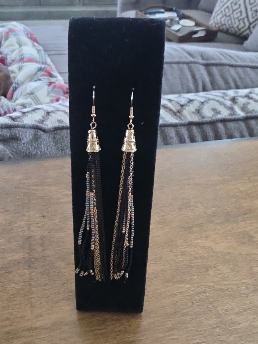 Buckle Black and Gold Tassel Chain Drop Earrings